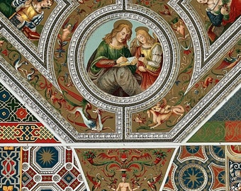 May include: A vintage illustration of a ceiling painting from the Italian Renaissance. The painting features a central scene of two figures in a circular frame, surrounded by intricate geometric patterns and decorative elements. The illustration is labeled "Ceiling Painting" and "Italian Renaissance".