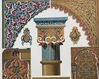 May include: A vintage print featuring architectural ornaments in the 'Moresque' style. The print showcases detailed illustrations of columns, arches, and decorative patterns in shades of gold, red, blue, and brown. The text 'Architectonic Ornaments' is visible at the bottom.
