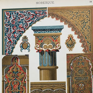 1898 Original Antique Large Decorative Chromolithograph Print - Architectonic Ornaments, Moresque - Available Mounted 13 x 9.5 Inches