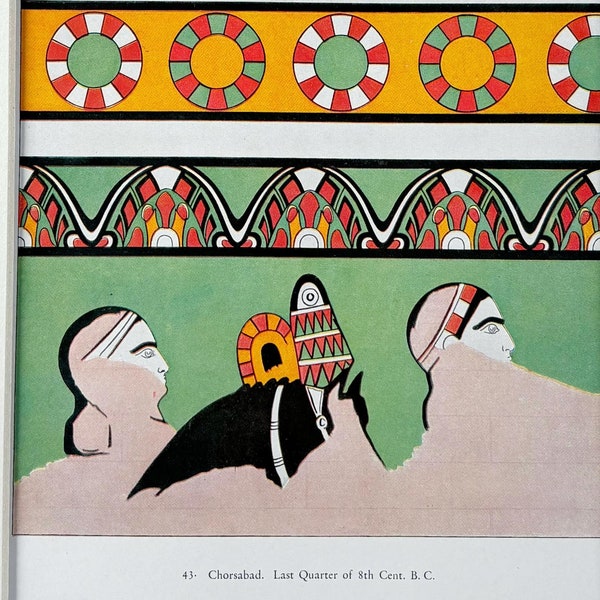 1928 Original Vintage Print Of A Decorative Mural Painting, Assyria - Available Mounted & Matted - 12 x 10 Inches