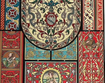 1898 Original Antique Large Decorative Chromolithograph Print - Embroidery & Carpet Weaving, Italian Renaissance - 13 x 9.5 Inches