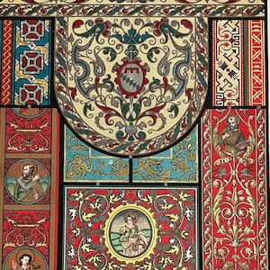 1898 Original Antique Large Decorative Chromolithograph Print - Embroidery & Carpet Weaving, Italian Renaissance - 13 x 9.5 Inches