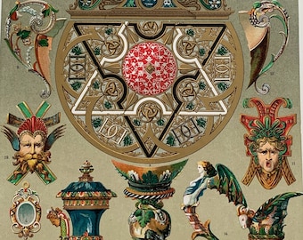 1898 Original Antique Large Decorative Chromolithograph Print - Works In Precious Metals With Paintings In Enamel - 13 x 9.5 Inches