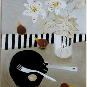 Vintage Mary Fedden Painting Print - Frying Pan And Lilies, 1977 - Mounted & Matted Black Or White - 10 x 8 Inches