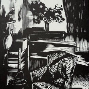 John Nash (1893-1977) Woodcut Print - Interior (Piano, Parrot, Flowers), 1925 - Available Mounted And Matted - 10 x 8 Inches