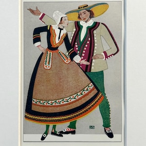 Original 1931 Vintage Coloured Lithograph Print - Traditional Decorative Peasant Costumes -France - Mounted & Matted - 10 x 8 Inches