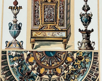 1898 Original Antique Large Decorative Chromolithograph Print - Enamel, Pottery Painting, Mosaic, French Renaissance - 13 x 9.5 Inches