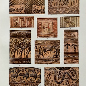 Circa 1925 Original Vintage Large Coloured Lithograph Print Of Decorative Earthenware Vessels From Greece - 15 x 11 Inches