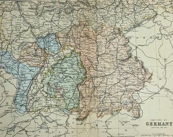 1884 Original Antique Map Of Germany Southern Portion Lithograph Print, Mounted And Matted In Antique White