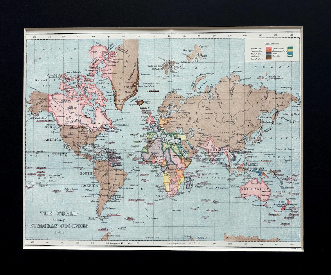 Circa 1900 Original Vintage World Map Print - European Colonies ...
