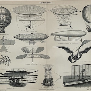 1897 Original Antique Lithograph Aviation Print, Mounted & Matted In A Choice Of Colours Ready To Frame - 14 x 11&quot;