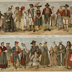 1897 Original Antique Traditional Costume Chromolithograph Print Mounted & Matted In A Choice Of Colours Ready To Frame - 14 x 11&quot;