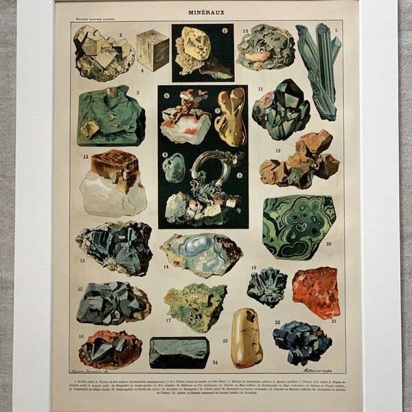 Original 1890's Antique Large Coloured French Lithograph Print Of Minerals Crystals Mounted And Matted Black Or White 14 x 11"