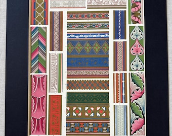 May include: A vintage illustration of various decorative borders and patterns. The image features a variety of colors, including red, green, blue, and gold. The patterns are intricate and detailed, and they would be perfect for use in a variety of design projects.