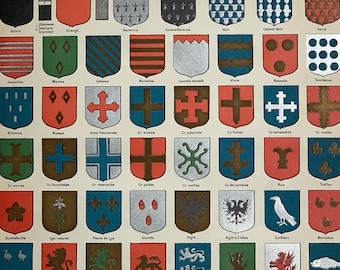 Original 1890's Antique Large Coloured French Lithograph Print Of Coats Of Arms Mounted And Matted Ready To Frame - 14 x 11"