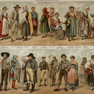 1897 Original Antique Traditional Costume Chromolithograph Print Mounted & Matted In A Choice Of Colours Ready To Frame - 14 x 11&quot;