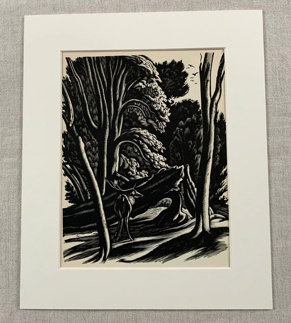 1951年オリジナルヴィンテージ木版画「森の一角」エセルバート