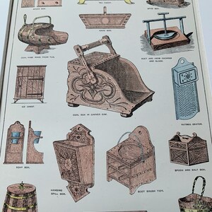 Original 1890 Antique Lithograph Print - Household Utensils - Mounted And Matted Black Or White - 12 x 10&quot;