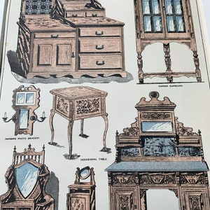 Original 1890 Antique Lithograph Print - Furniture - Mounted And Matted Black Or White - 12 x 10"