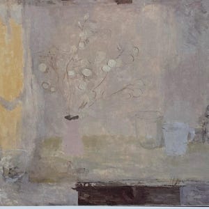 May include: A still life painting featuring a vase of white flowers, a pitcher, and a small object on a table. The background is a light gray with a yellow curtain on the left side.
