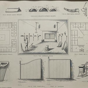 Original C.1890 Antique Lithograph Print Of The Stable And Stable Fittings - Mounted & Matted Black Or White - 14 x 11&quot;
