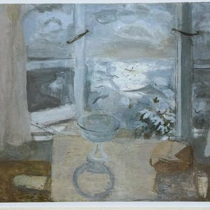 May include: A painting of a seascape viewed through a window. The window is open and the curtains are drawn back. A white bowl sits on a table in the foreground. The sea is a stormy grey color and the sky is a light blue.