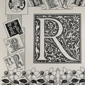 Original 1890's Antique French Initial Letter R Calligraphy Lithograph Print Mounted And Matted In A Choice Of Colours - 12 x 10"