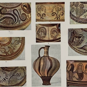Litografía original vintage de gran tamaño, coloreada, circa 1925, de antigüedades micénicas tardías (15 x 11 pulgadas)