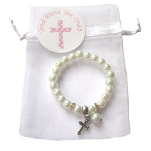 Pulsera elástica con dijes para bautismo de primera comunión para niños, corazón o cruz, 3 tamaños, 4,5 ", 5" y 6 ", bolsa de organza GRATIS, tarjeta de regalo