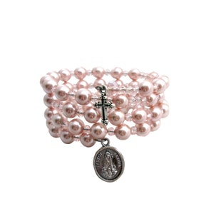 Pulsera envolvente de rosario de 5 décadas para niños, perla blanca o rosa, bolsa de organza GRATIS, tarjeta de regalo