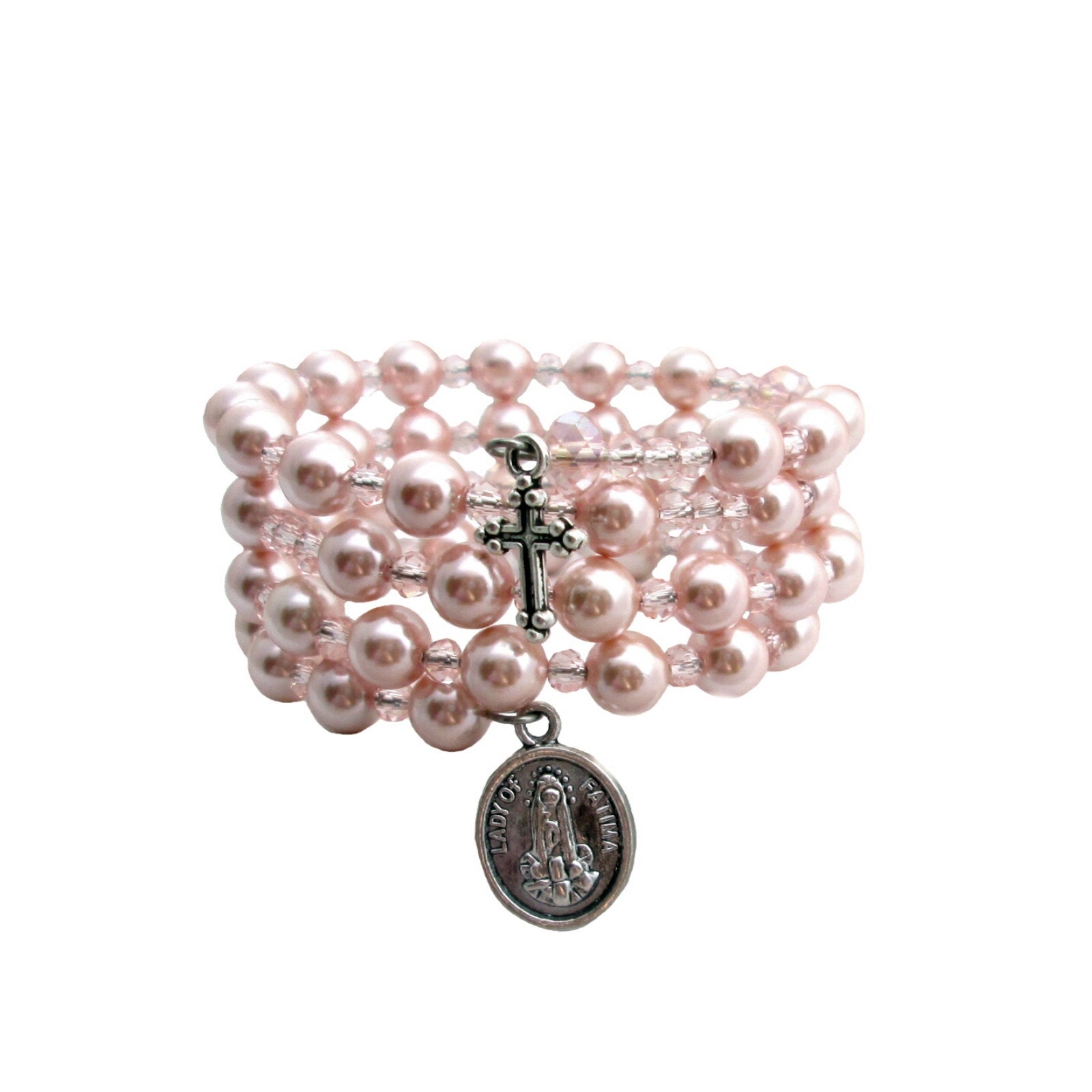 Children's 5 Decade Rosary Wrap Bracelet White or Pink Pearl FREE Organza Bag Gift Card