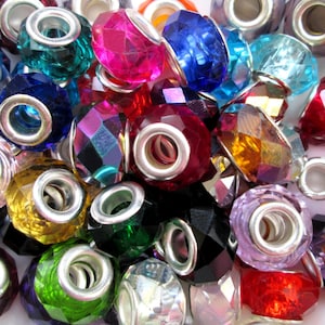 Wholesale Lot European Large Hole Faceted Beads Multi Color or Black & Clear Mix