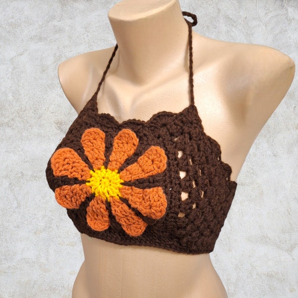 Ready to Ship! Crocheted Daisy Halter Crop Top Retro Style Boho Festival Wear  Dance Wear, Yoga, Hooping, Rave Top