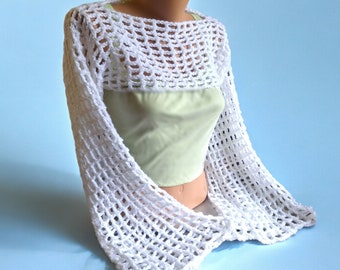 White Crocheted Mesh Shrug with Long Wide Sleeves Fishnet Bolero Top  Size XS/S Ready to Ship   Festival Wear, Rave Midriff Top