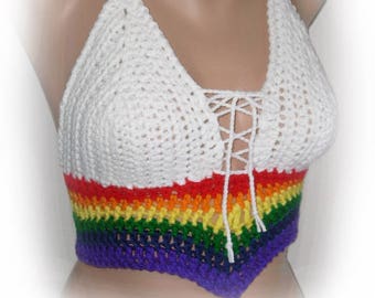 LGBTQIA+ Pride Top Crochet Halter Top with "V" Front  Made to order in your Size!  Rainbow, Flag Colors