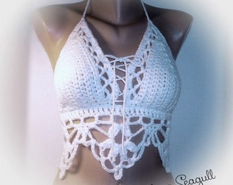 Crocheted White Halter Top    Music Festival Wear  Dance Wear, Yoga, Hooping, Rave Top