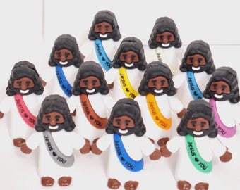 1/10/20/50/100/200 Mini Black Jesus Figures/With or Without Jump Ring/ Jesus Loves You/Assorted Sash Colors For Jewelry & Gifts