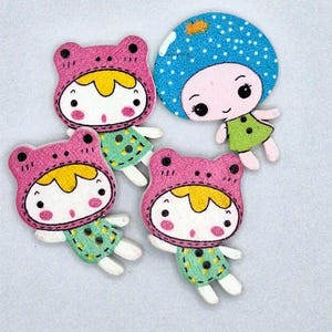 4 Assorted Cartoon Girl Buttons  2 Hole Flat Wood Buttons  Perfect for Sewing, Scrapbooking, Crafts