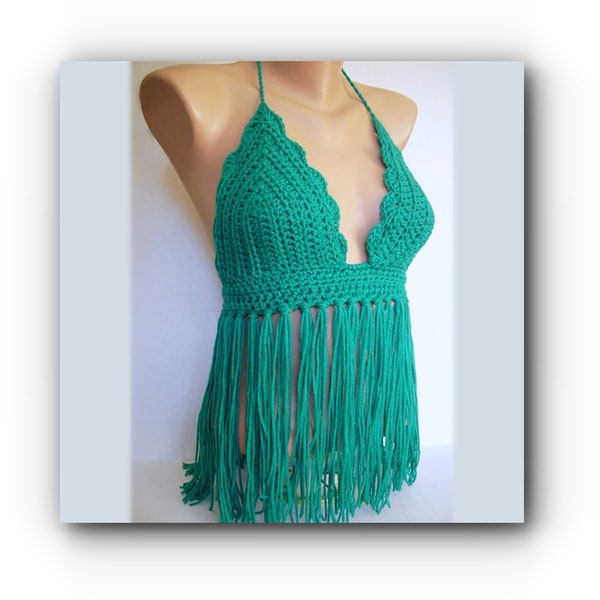 Crochet Halter Top with Fringe Your Size and Color  Fast Shipping  Music Festival, Rave and Dance Wear,  Hippie Top