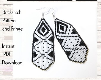 Fransen Ohrringe Seed Bead Perlenmuster: Schwarz und Weiß (PDF Download)