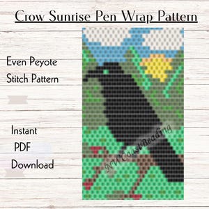 May include: A digital pattern for a beaded pen wrap featuring a black crow perched on a branch with a green, blue, and yellow sunrise in the background. The pattern is for even peyote stitch and is available as an instant PDF download.