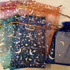 10/25/50 Three Sizes Moon & Stars Drawstring Bags Celestial Organza Gift Bags