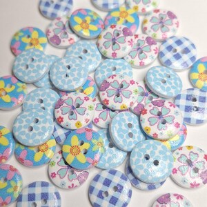 40 Assorted Blue Round Buttons  15mm 2 Hole Flat Wood Buttons  Perfect for Sewing, Scrapbooking, Crafts
