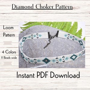 May include: A white beaded choker necklace with a geometric diamond pattern in blue and black. The necklace is 11 beads wide and has a silver chain clasp. The text "Instant PDF Download" is at the bottom of the image.