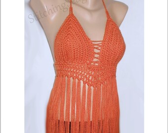 Crochet Fringed Halter Top Your Size and Color Music Festival Wear, Rave Wear, Hippie Fringe Top