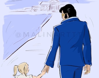 May include: A digital illustration of a man in a blue suit holding the hand of a little girl in a blue and white polka dot dress. The man is wearing sunglasses and the girl has blonde pigtails. They are walking away from a building in the background.