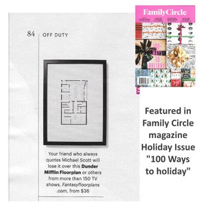 May include: A black and white floor plan of a house with the text "Dunder Mifflin Floorplan" and "from &pound;36". The image is from the Family Circle magazine Holiday Issue "100 Ways to Holiday".