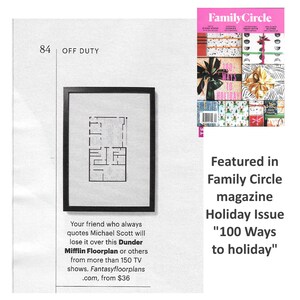 May include: A black and white floor plan of a house with the text "Dunder Mifflin Floorplan" and "from &pound;36". The image is from the Family Circle magazine Holiday Issue "100 Ways to Holiday".