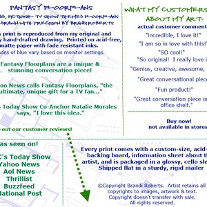 May include: A blue and white illustration of a floor plan with the text "Fantasy Floorplans" and "Stunning, fictional TV show themed floorplans. Hand-drawn with precision by Brandi Roberts." The image also includes customer reviews and information about the artist.