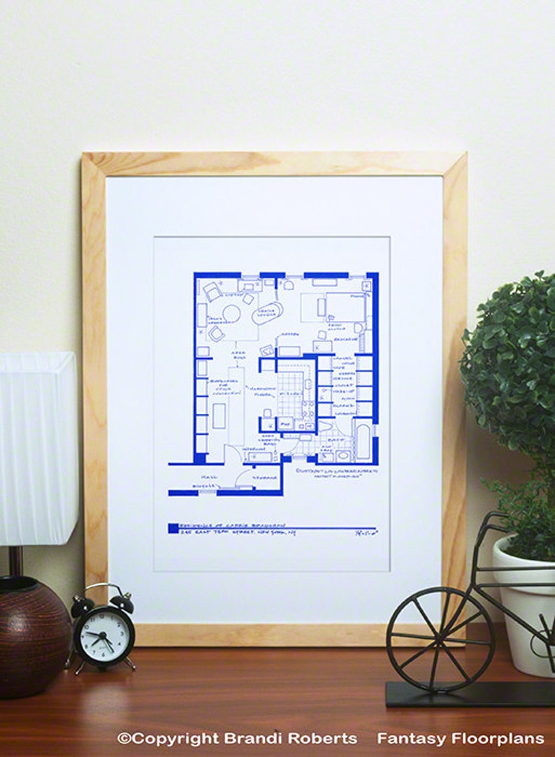 May include: A blue and white blueprint floor plan of a 1-bedroom apartment in New York City. The plan includes a living room, kitchen, bedroom, bathroom, and hallway. The text "Floor plan of 1-BR Apartment" and "340 East 85th Street, New York, NY" is included in the blueprint.